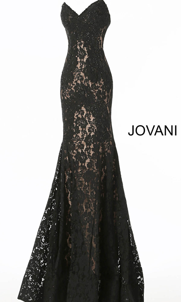 The Long Prom Dress 37334 by Jovani features black lace over a nude underlay in a strapless sweetheart mermaid silhouette, showcased on a plain white background with